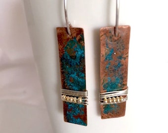 Mixed Metal Earrings, Modern Earrings, Wire Wrap Earrings, Copper Earrings, Verdigris Earrings, Silver and Copper Earrings, Beaded Earrings