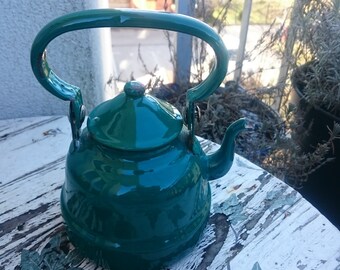 Vintage Enamel Tea Kettle, Green Enamel teapot from Yugoslavia