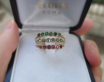 Antique Rose Cut Diamond, Emerald, Ruby, Paste Harem Ring in 18k Yellow Gold