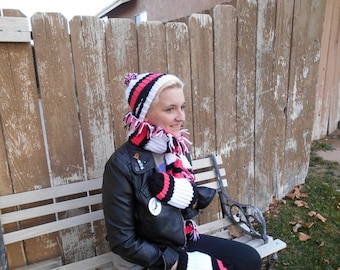 candy stripe winter wear set, handmade accessories, winter fashion, knit crochet, scarf hat mittens