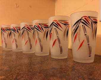 Set of Six (6) Hazel Atlas Gay Fad Frosted Red Black Gold Bamboo Pattern Tumblers - Tiki!