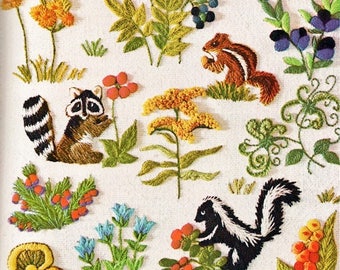 PDF Vintage Crewel Embroidery Pattern Woodland Animals Berries Flower Blossoms Needlepoint Forest Friends Stitchery Instant Digital Download