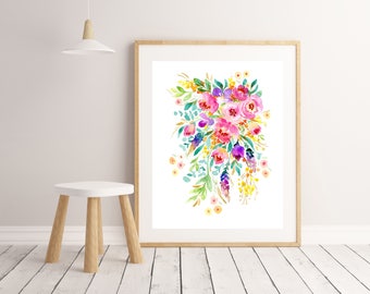 Flower Painting Art Print, watercolour bright bunch of flowers, home office decor, wall art, nursery art, roses, spring poster print, Art