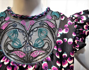 1990's Anna Sui Top Silk Beaded Poppies Tassels Babydoll Peplum