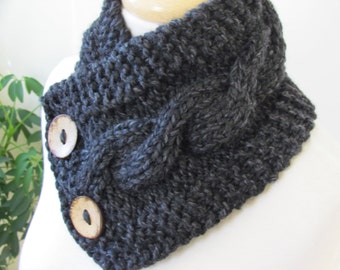 Knit Neck Warmer, Cable Knit Scarf, Chunky Warm Winter Scarf in Charcoal 6" x 25" - Coconut Shell Buttons Ready to Ship - Direct Checkout