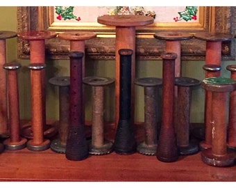 Lot Vintage Textile Spools, Thread Bobbins, Primitive Spindles, Industrial Antique Wood Spools, Candlestick Holders, shabby chic
