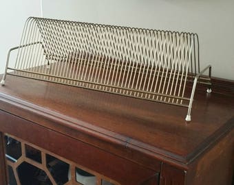 Vintage Brass Record Album Storage Stand, Wire Record Rack, Vinyl Record Storage