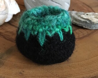 Little Crocheted & Felted Treasure Bowl - Black and Earth Jade Green