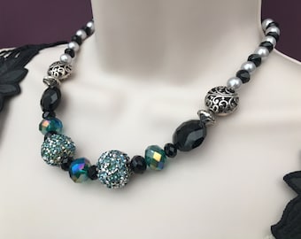 Black and Silver Necklace, Chunky Necklace, Beaded Necklace, Gift For Her, Single Strand Necklace, Statement Necklace, Glamorous Jewelry
