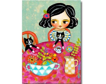 Happy Caturday! Tuxedo Cat tea time original painting Cat folk art painting cute floral cat art by Tascha