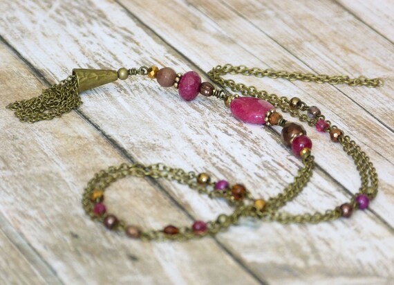 Boho necklace with tassel, Hippie chic necklace, Elegant necklace with tassel, Long necklace, Beaded necklace, Free shipping Canada, Boho