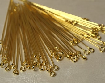 Gold plated eyepin 22g thick 50mm (2 inch) long, 100 pcs (item ID XMHC00090GP)