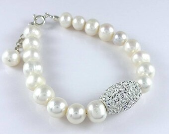 925 Sterling Silver Freshwater Pearls Crystal Bracelet