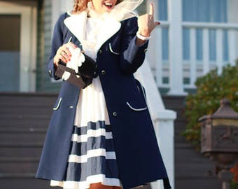 1960's Lilli Ann Coat, Navy and White Coat, 1960's Car Coat, Polyester Coat, Pocketed Car Coat, Vintage Women's Coat