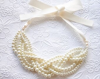Pearl Statement Necklace, Bridal Pearl Necklace, Pearl Necklace with Ivory Ribbon, Bridesmaid Necklace