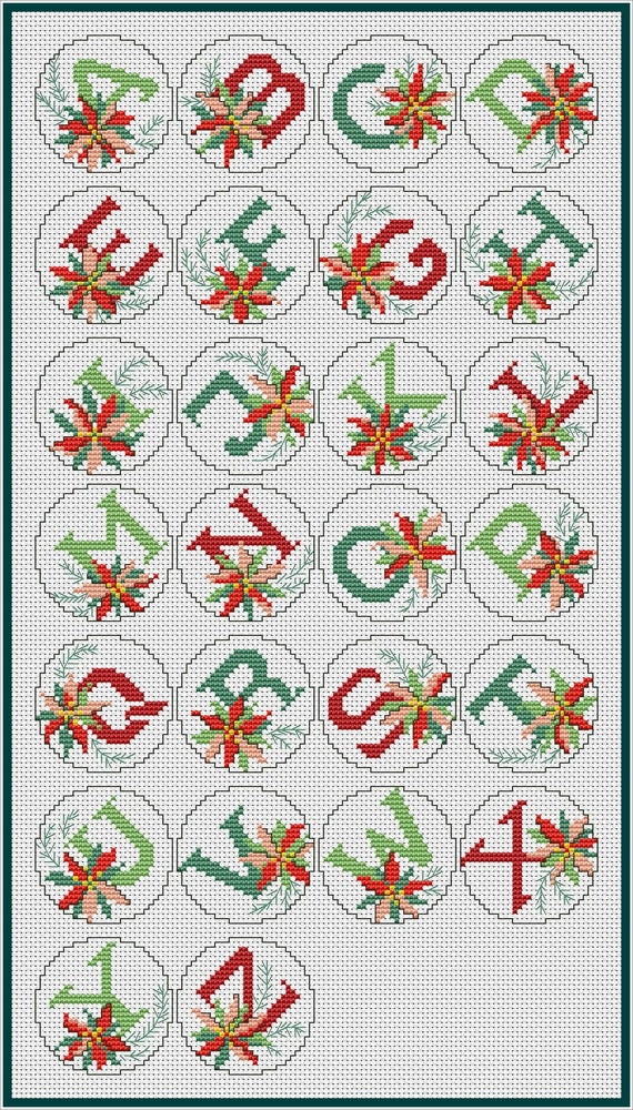 Christmas Alphabet Cross Stitch Pattern Poinsettia Alphabet