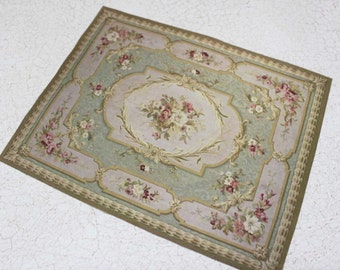 Miniature Carpet Romantic Aubusson Green With Roses in Half Scale, 1:12 or Playscale