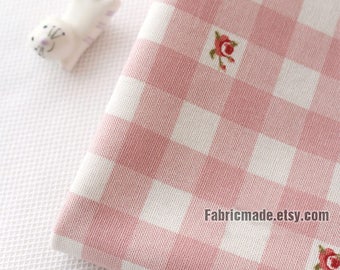 Cute Pink Linen, Light Pink White Plaid Tiny Pink Rose Cotton Linen Blend Fabric -1/2 Yard