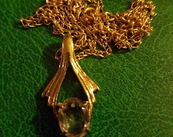 Vintage large white topaz or rock crystal pendant and 24"" chain gold filled/plated