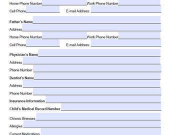 Medical Record Form for Child Care (Editable)