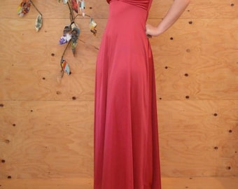 Vintage 70's Burgundy Maxi Gown Prom Dress Dramatic One Shoulder Straps Detail SZ S