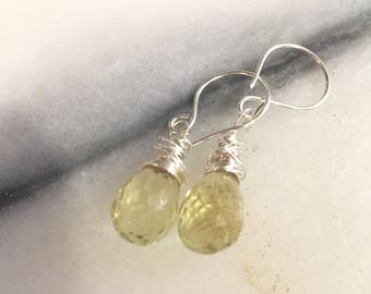 Lemon Quartz Briolette Teardrop and Sterling Silver Dangle Earrings Gemstone Earrings Lemon Drops Wire Wrapped Briolette