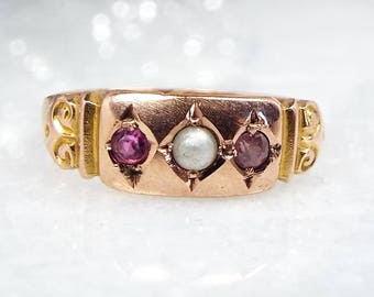 Antique / 1914 Edwardian 9ct Gold Purple Amethyst Pearl Gypsy Band Ring Size K 1/2