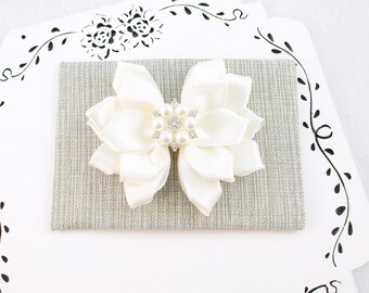 Ivory Hair Clip, Choose 11 Colors, Ivory Pearl Hair Bow, Rhinestone Flower, Wedding Clip, Flower Girl Bow, Navy Red Coral Gray Black