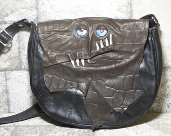 Cross Body Adjustable Purse With Face Monster Black Leather Unique Gift 450