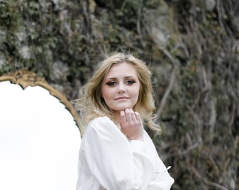 Beaded Silk Blouse- WHITE, MED. Button Blouse / Hand Beaded Vintage Long Sleeve Blouse White Button Back Top Billowy Blouse - White on White
