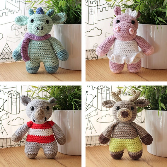 Animals: Dragon, Hippo, Rhino & Reindeer. Amigurumi Pattern PDF.