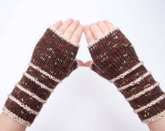 SALE -Knit striped fingerless gloves in brown