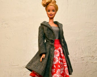 Handmade vintage style barbie clothes- Barbie outfit includes coat, shirt and skirt