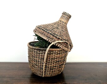 woven wicker lidded basket | large tribal bottle basket | woven display basket | boho decor