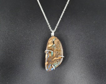 Natural Australian Boulder Opal Necklace Pendant Opalescence Opal Wrapped in Sterling Silver Wire Pendant W/ Chain Minimalist Jewelry