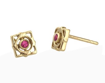 Elegant Ruby Post Earrings in 14k Gold