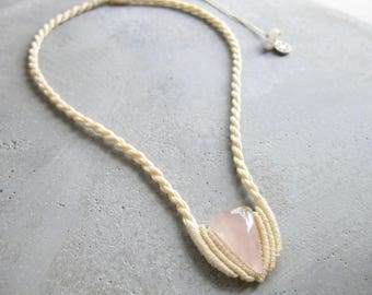 Rose Quartz Rope Necklace . Modern Boho Macrame Jewelry . Fiber Textile Jewellery . Design by .. raïz ..