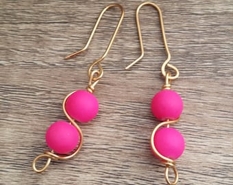 Hot Pink and Gold Wire Dangle Earrings