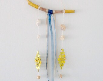 Driftwood wall art, mobile wall decor, boho wall hanging, driftwood beach decor, gold art, boho decor, driftwood art, home decor wall art.