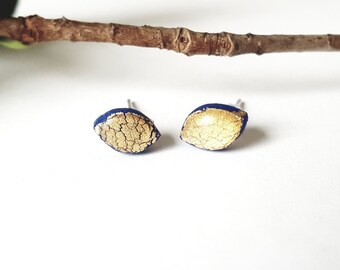 Gold leafed on blue polymer clay stud earrings