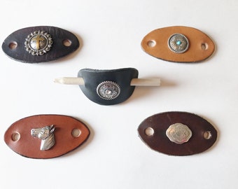 Custom made small leather hair barrettes with interchangeable screw back conchos, young girl, gifts, rodeos, birthdays, hair clip