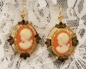 Carnelian Lady Cameo Earrings with Goldplate Earwires