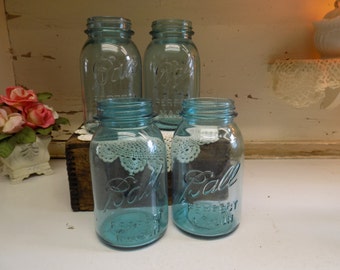 4 Vintage Aqua Mason Jar Scratch and Dent Quart Sized Jars NO LIDS B1225