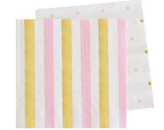 Paper Napkins Pink Gold Napkins with Stripes Polka Dots, Polka Dot Napkins Pink Dessert Napkins Gold foil Napkins Wedding Napkins Tableware