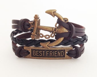 BFF bracelet Best Friend bracelet Anchor bracelet Brown leather bracelet Friendship bracelet Gift