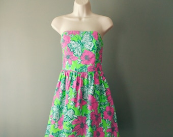 Lilly Pulitzer Strapless Dress , Size 2 Lottie Green Bloomin' Cacoonin' Short Dress , Size Small