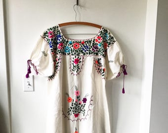 Vintage 70s Embroidered Mexican Gauze Dress, BOHO Hippie Caftan