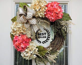 Best Selling Front Door Spring Wreath, Summer Grapevine Wreath, Pink and Cream Hydrangea Wreath, Wreath with burlap, Front porch decor