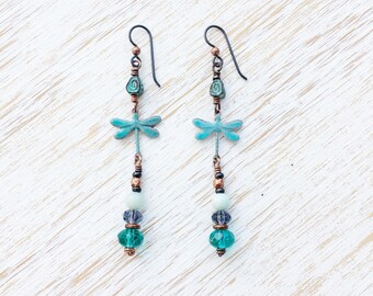 Blue Dragonfly Earrings, Amazonite Earrings, Gemstone Earrings, Boho Jewelry Dangle Earrings Hypoallergenic Niobium Earrings Summer Earrings