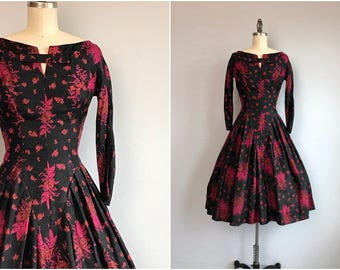 Vintage 50s Silk Dress / 1950s Jonny Herbert Rose Floral Ikat Print Pleated Dress / Black Red Fuchsia